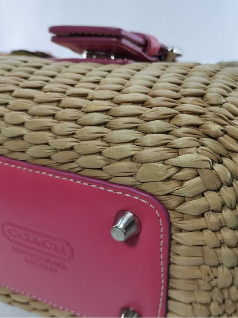 Coach Woven Straw & Pink Leather Butterfly Handbag NWOT+Charms - Picture 9 of 14